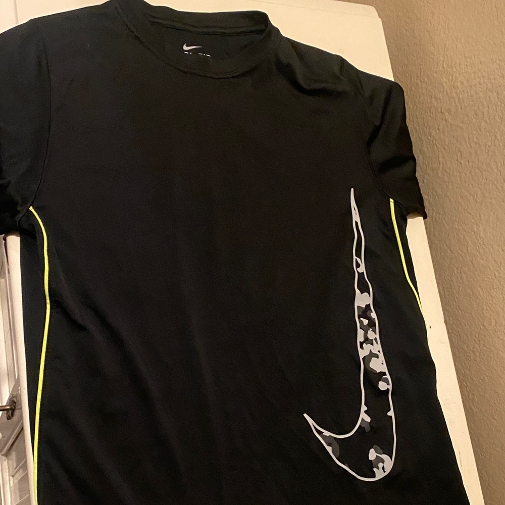 Nike Kids Black Tee with Camouflage Swoosh and Yellow Trim